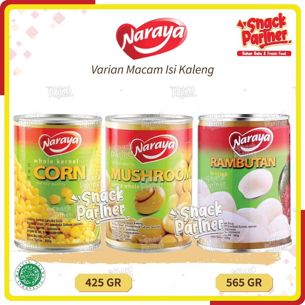 

NARAYA KALENG 425 / 565 GR - Corn Jagung Utuh Jamur Kancing Whole Mushroom Rambutan in Syrup Sirup 425GR 565GR