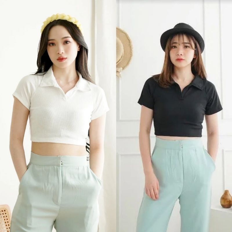Korean Crop Top V NECK Baju Atasan Wanita Kaos Croptop V Neck