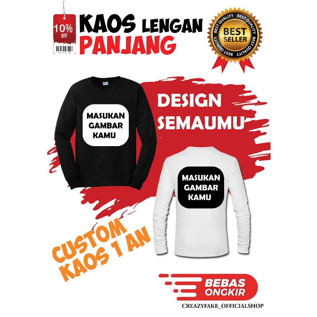 SABLON KAOS SATUAN CUSTOM LOGO FOTO GAMBAR KATA BAJU LENGAN PANJANG