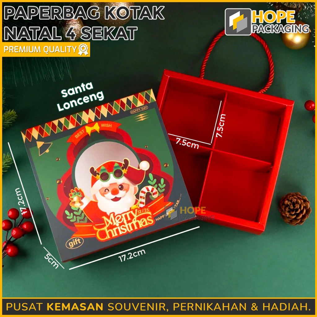 

Paper Box Kotak Natal 4 Sekat / kotak Kue Natal / Box Kue Pie / Kotak Packaging Natal / Souvenir Snack / Paper Bag / Box Natal