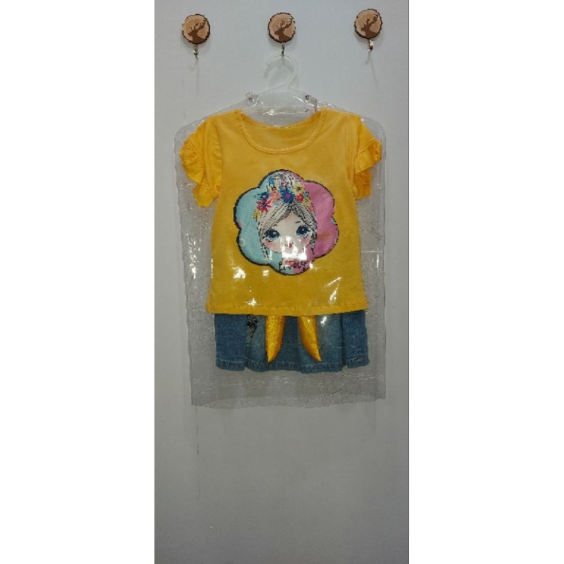 Setelan kaos rok jeans warna kuning/rok tali pita/cewek