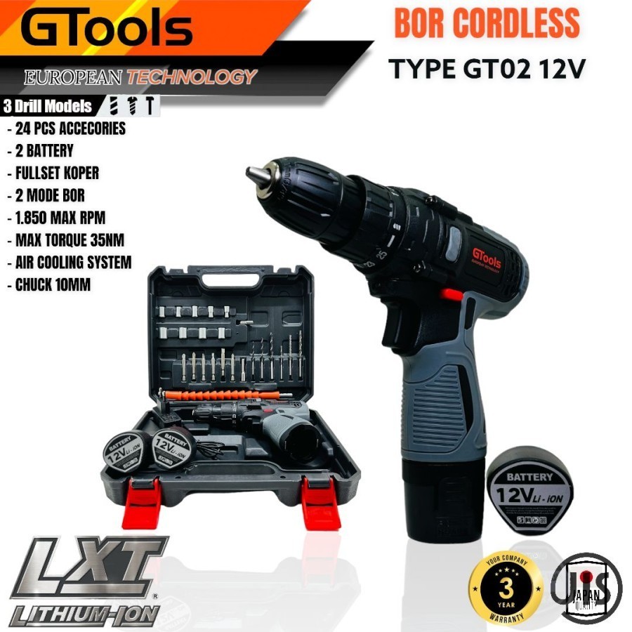 GTools GT02 Garansi Resmi 3thn Bor Cordless Baterai 10mm Impact Drill 12vf Japan Fullset 25 Torsi ga