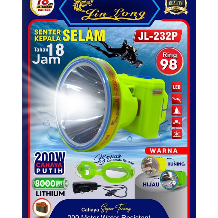 Terlaris Senter Kepala Selam JL-232P Jin Long 200W Cahaya Putih.