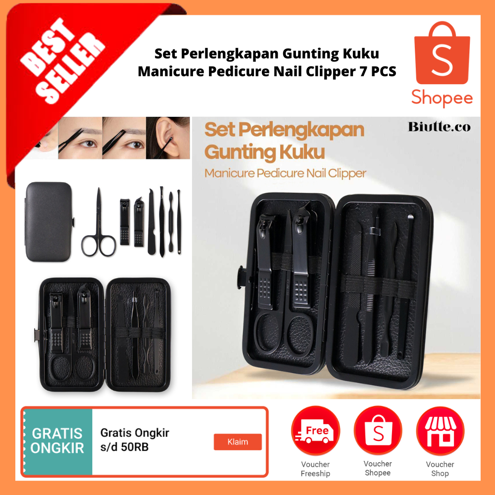 Set Perlengkapan Gunting Kuku Manicure Pedicure Nail Clipper 7 PCS / Set Gunting Kuku Hitam Baja Tah
