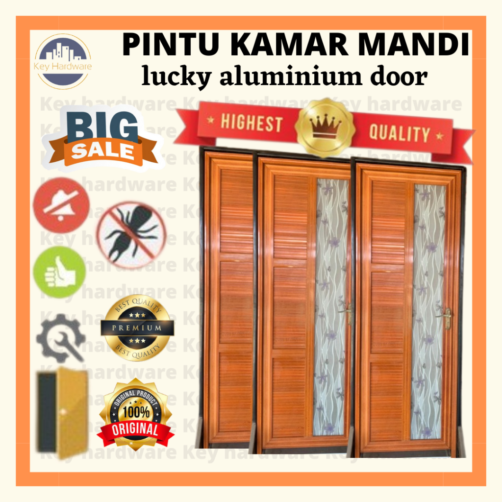pintu kamar mandi/pintu utama/pintu kamar aluminium 70cm x2M urat kayu handle kiri -urat kayu kaca
