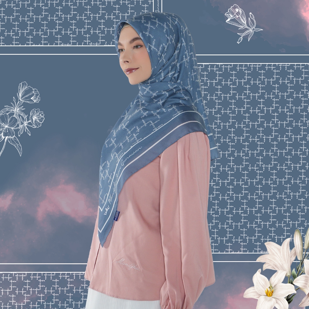MANDJHA Monogram Denim Scarf By IVAN GUNAWAN - Jilbab Hijab Segi Empat Motif ORIGINAL MANDJHA