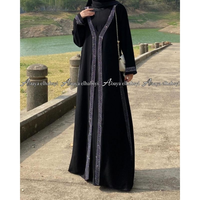 Abaya elhabsyi Dubai Kaftan 1053 Gamis Hitam Fashion Wanita Bahan Jet black