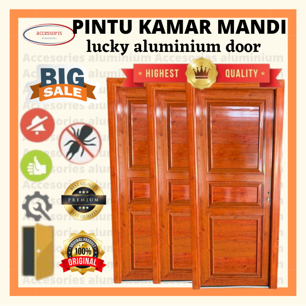 pintu kamar mandi/pintu utama/pintu kamar aluminium 70cm x2M urat kayu handle kiri -urat kayu