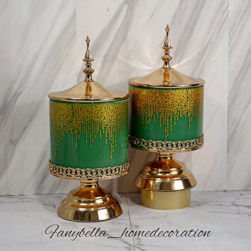 Toples Kaca Gold emas Motif Hijau Lebaran dekorasi rumah