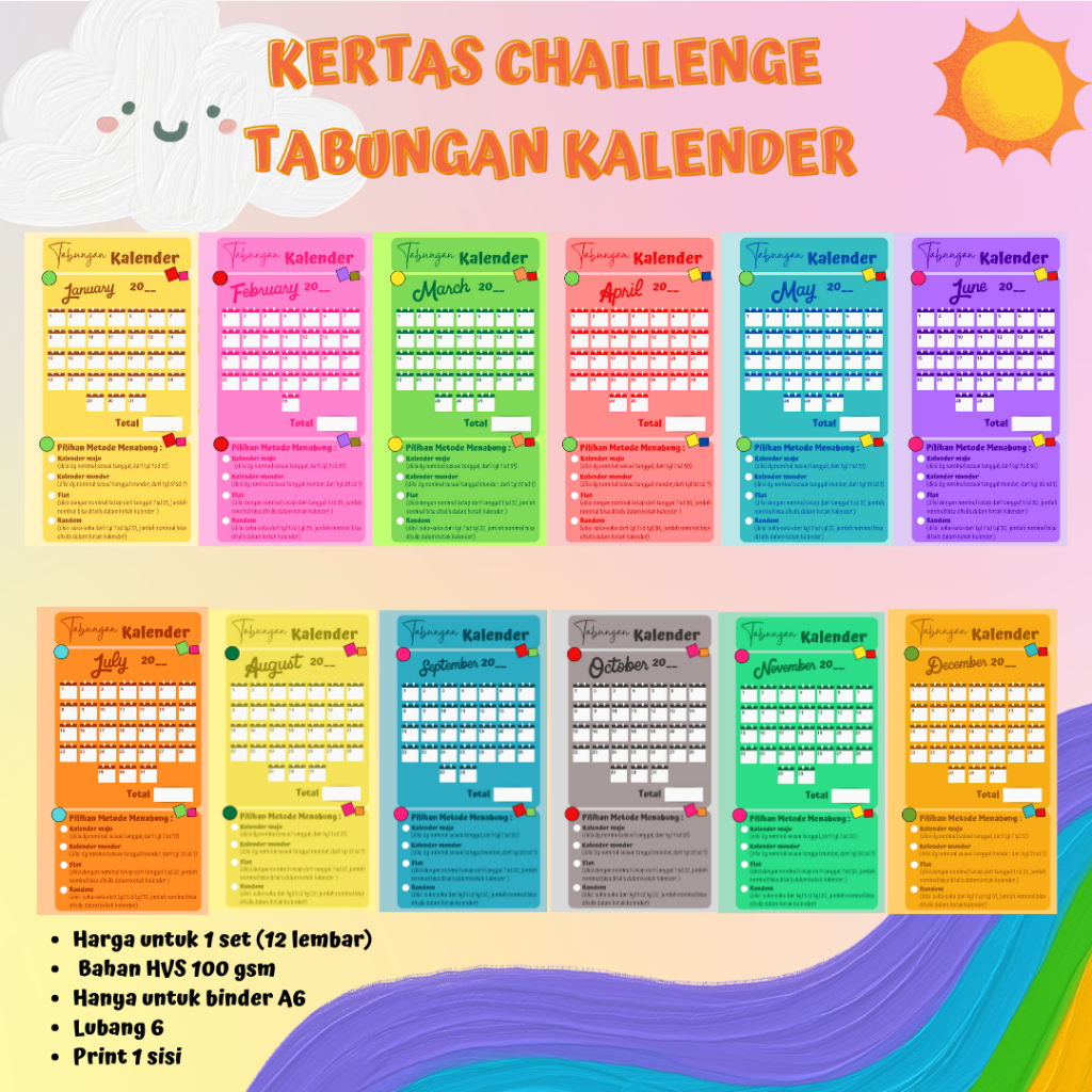 

(Isi 12) Kertas Saving Challenge Tabungan Kalender Ukuran A6 / Kertas Menabung Kalender