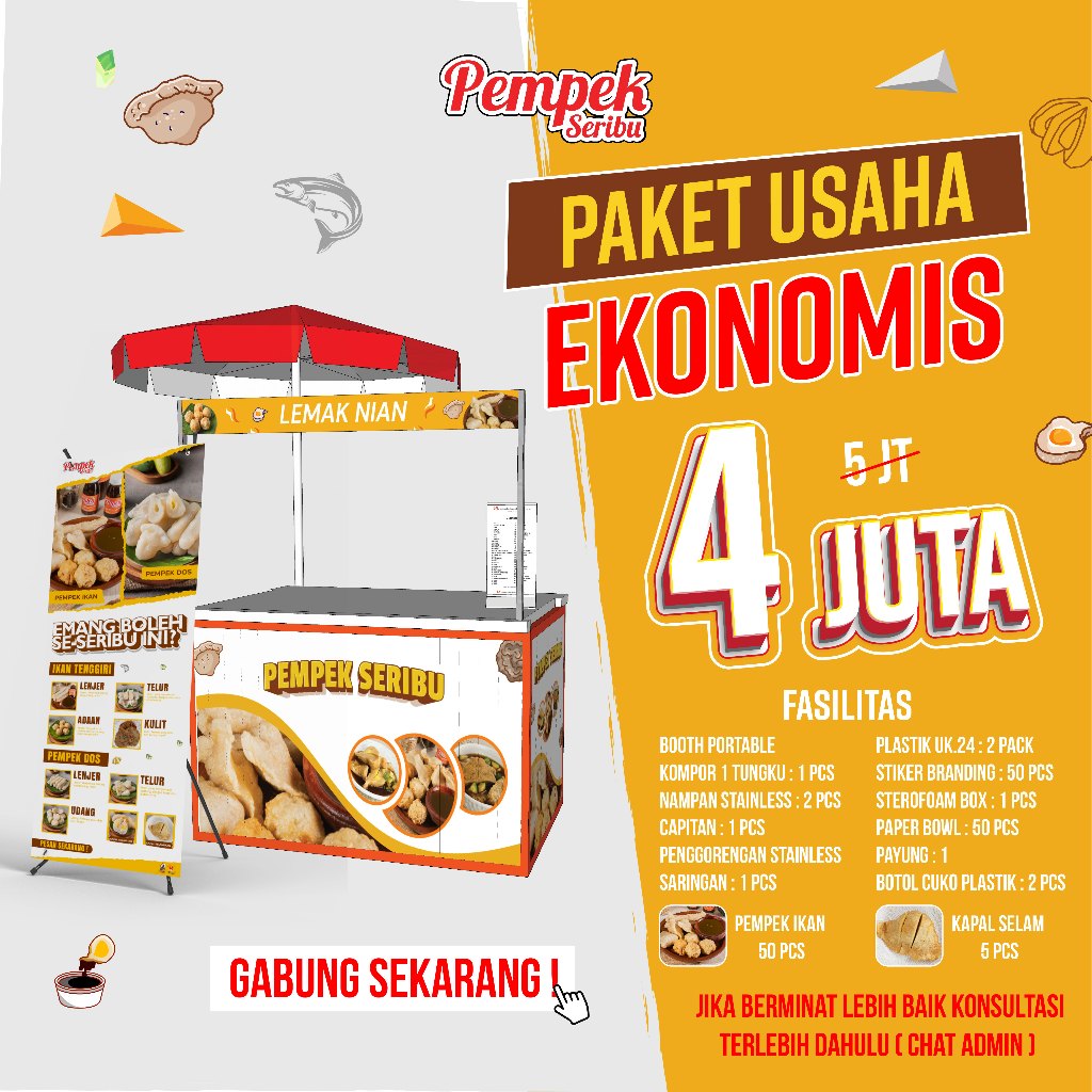 

PAKET EKONOMIS KEMITRAAN PEMPEK BOOTH PORTABLE/ PAKET BISNIS PEMPEK