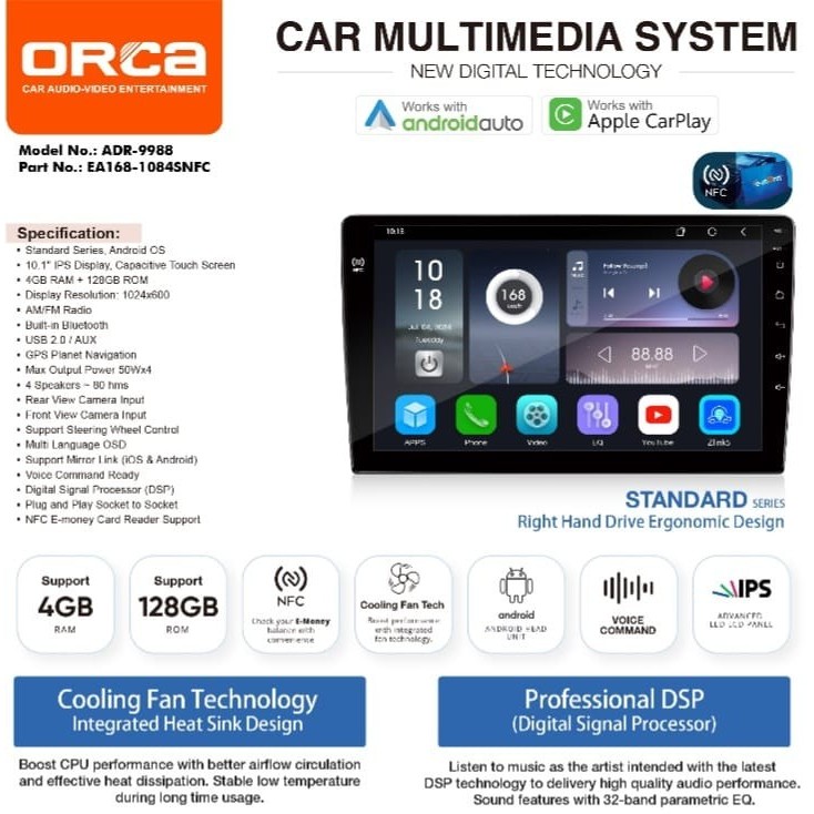Orca ADR 9988 Standard Series Head Unit Android Universal Built in NFC