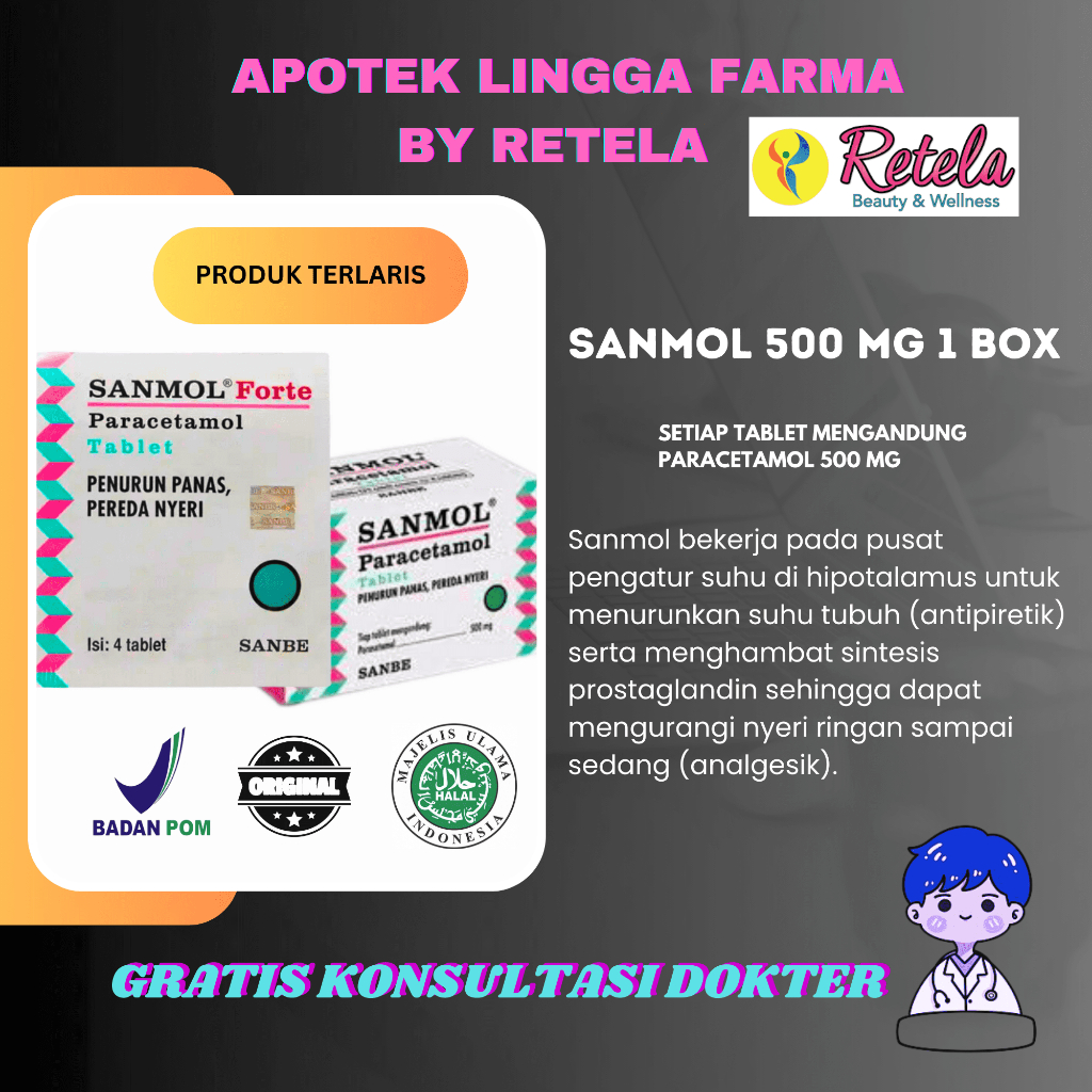 Sanmol 500 mg 4 Tablet/PARACETAMOL/Penurun panas/Demam/Anak/Dewasa/Pusing/Sakit Kepala