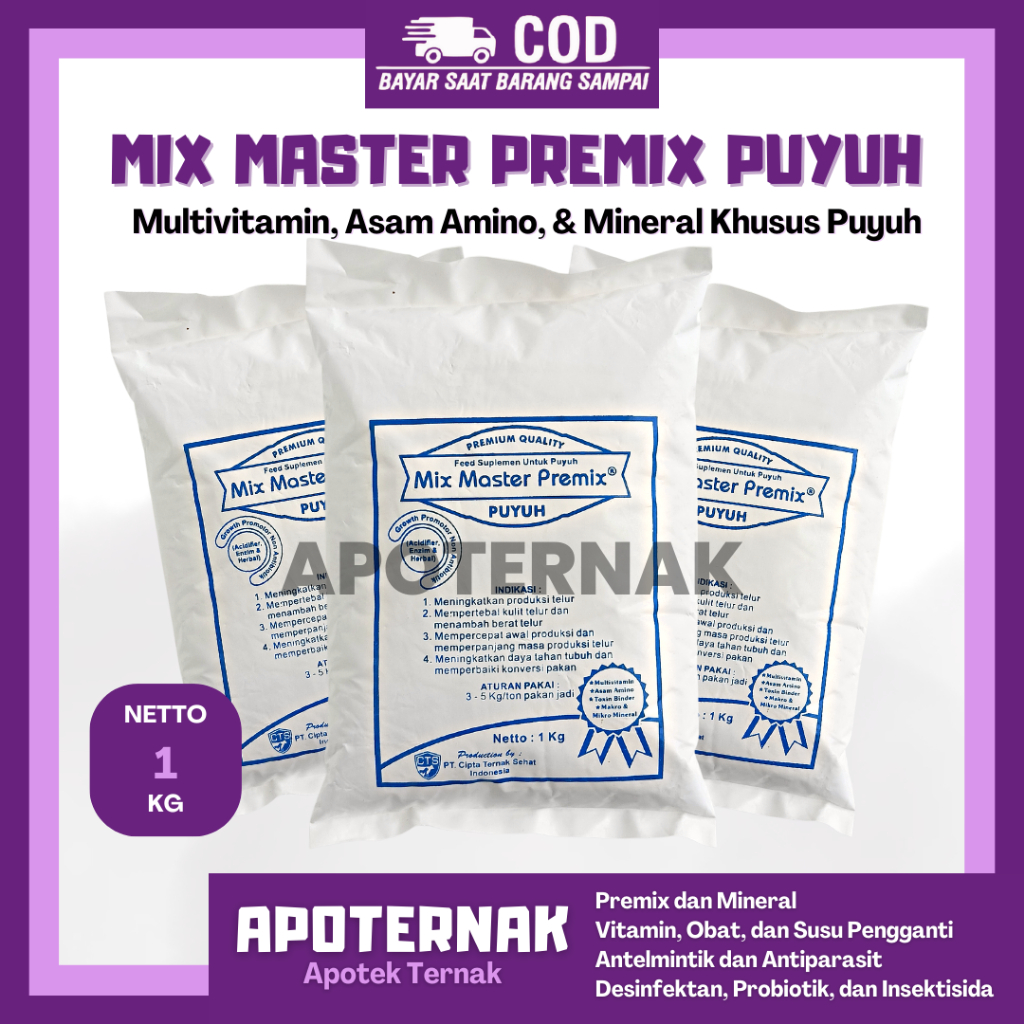 MIX MASTER PREMIX PUYUH 1 kg | Premix Burung Puyuh Peningkat Produksi Telur | Multivitamin, Asam Amino, &amp; Mineral