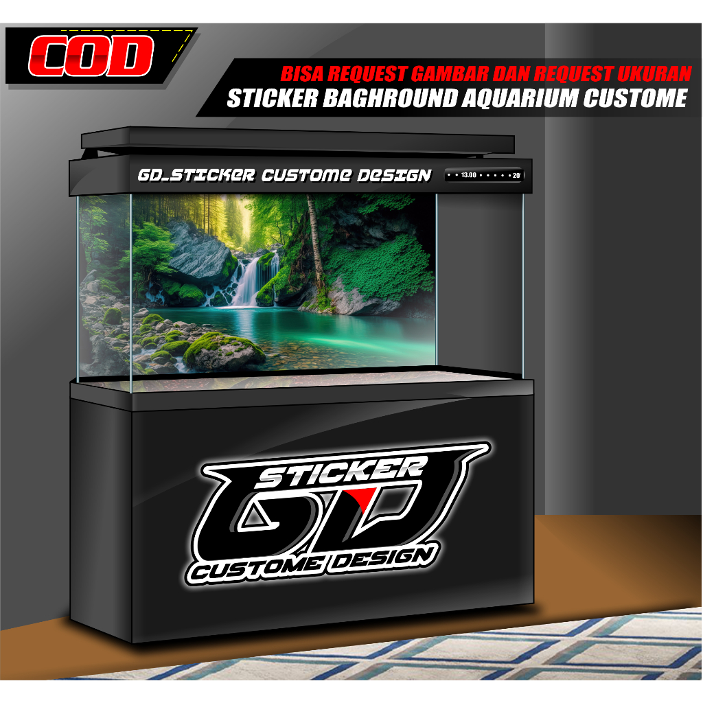 STICKER BACKGROUND WALLPAPER AQUARIUM WATERFALL AIR TERJUN PEMANDANGAN ALAM AIR TERJUN 3D