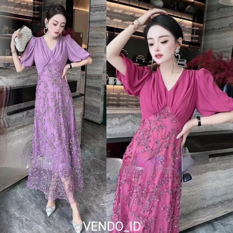 dress sleeve glitter lace motif ungu pink lavender lilac midi long korean style korea style gown gau