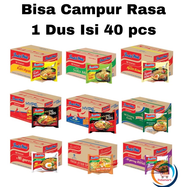 

KODE QZB775 Indomie Goreng, Soto, Ayam Bawang, Hype Abis, Kari Ayam BISA MIX 1 Dus Isi 40 pcs