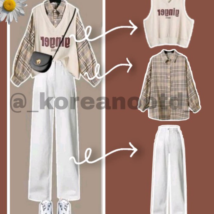 Terlaku,, Set Outfit Korea wanita, outfit ulzzang, ootd Korea wanita, Korean style (kemeja vest crea