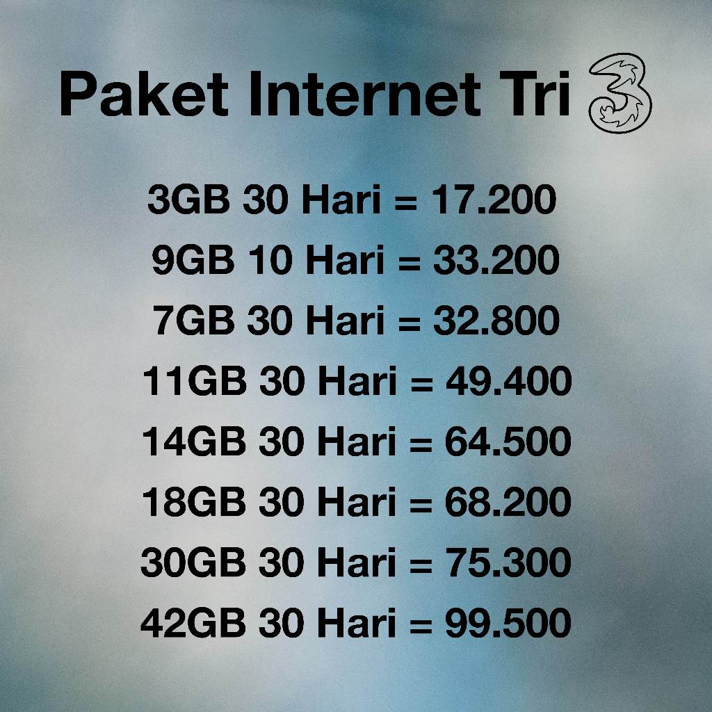 Paket Internet Tri 3 Three 3GB 7GB 30GB 6GB 9GB 11GB 12GB 14GB 18GB 32GB 40GB 42GB Kuota Data Full 24 Jam Murah