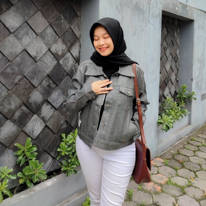 Jacket Wanita Denim Silver Crop Lengan Panjang SOVG-64220