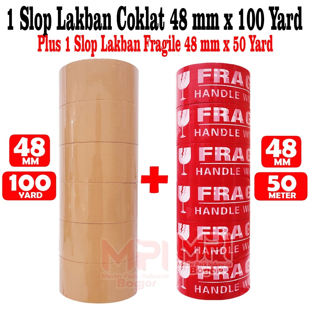 

PAKET HEMAT LAKBAN - 1 SLOP Lakban Coklat MPI 48 mm x 100 yard + 1 SLOP Lakban Fragile Merah 50 yard - Master Pack Indonesia Bogor