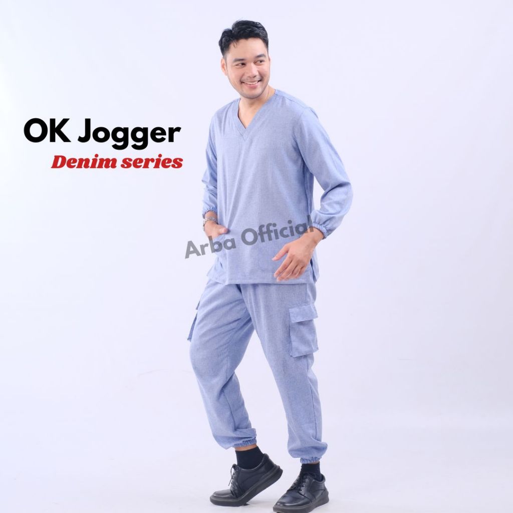 Baju Ok Oka Jaga Denim JOGGER Cargo Dokter Scrub Medis Perawat Lengan Panjang Karet