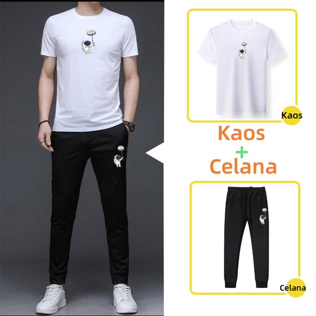 Kaos distro Astronot + celana training pria setelan pria / set kaos dan Celana panjang pria olahraga