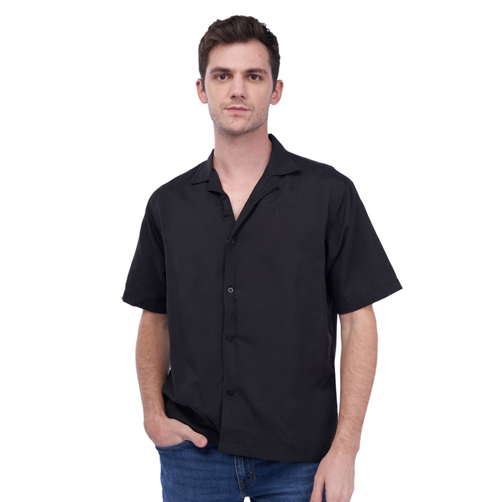 BREY Relax Kemeja Pria Hitam Hawai Santai V Neck Pantai Polos Kasual Hawaii Casual Relax Bowling Shi
