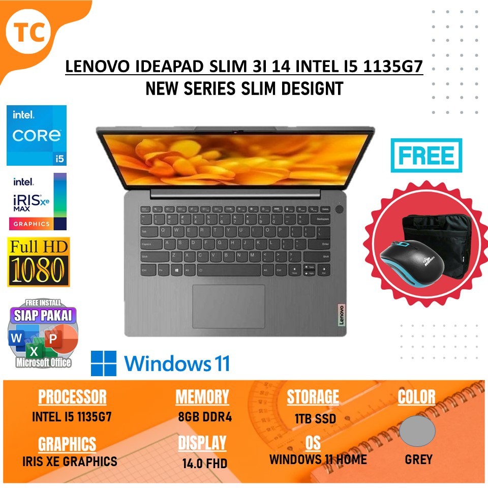 Laptop Slim Murah Lenovo Ideapad Slim 3i 14 Intel Core i5 1135G7 20GB 1TB SSD Iris Xe FHD Windows 11 Terbaru