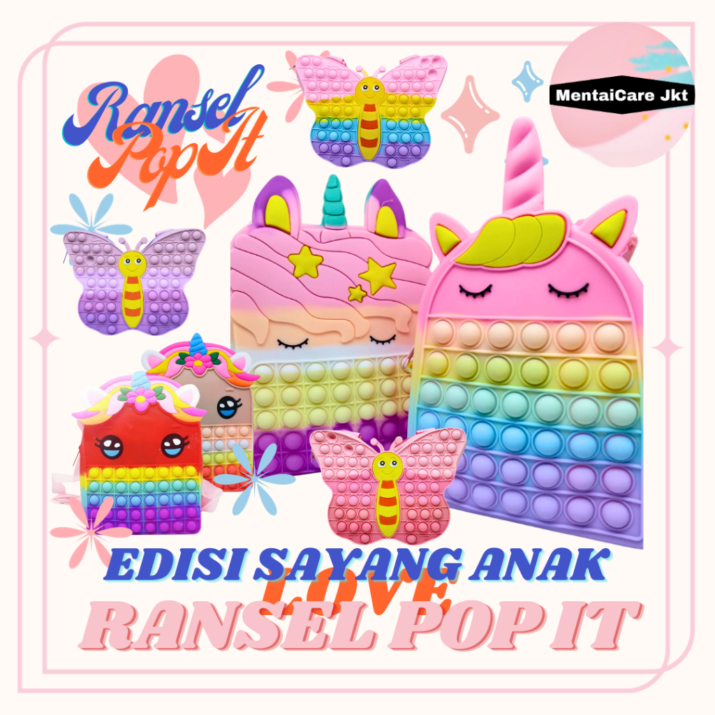 Ransel Pop It JUMBO Kartun Tas Anak LUCU Kupu-Kupu & Unicorn Rainbow | Tas Pop It Jumbo Perempuan | 