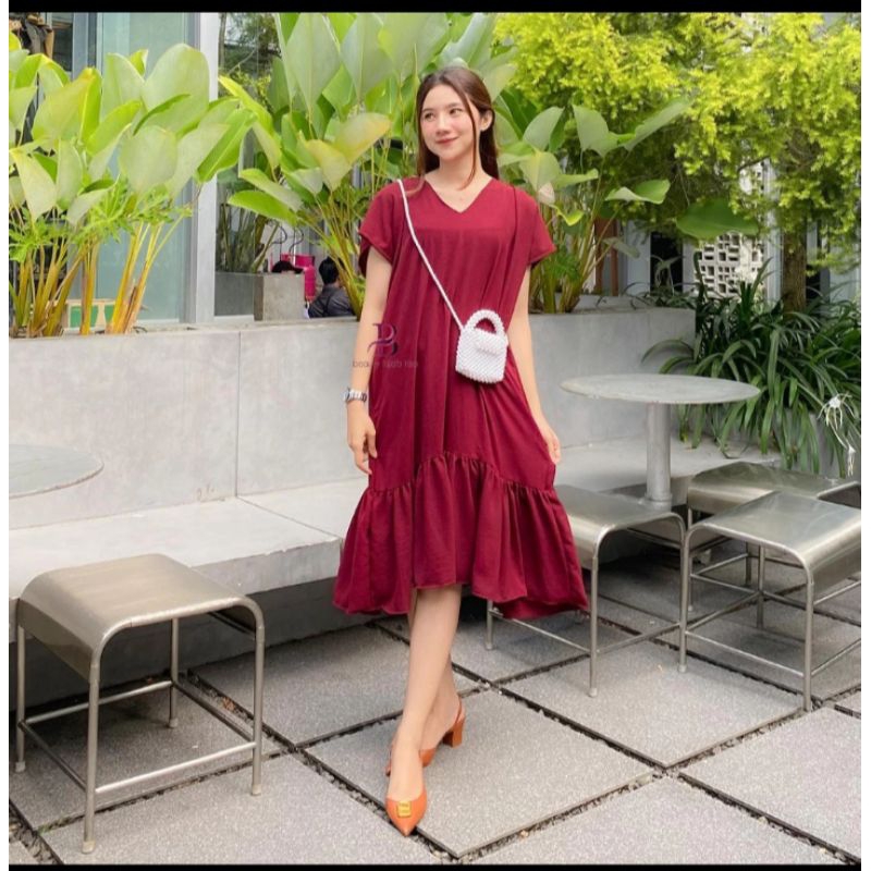 Dress Jumbo Jennie daster kekinian wanita ruffle kerah V neck crinkle airflow jumbo baju santai tidu