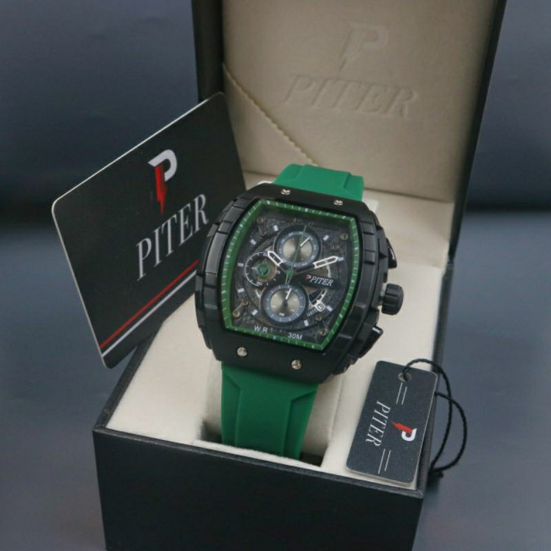 Jam tangan pria Mewah PITER P886 Tali Karet Orange Chrono aktif Original