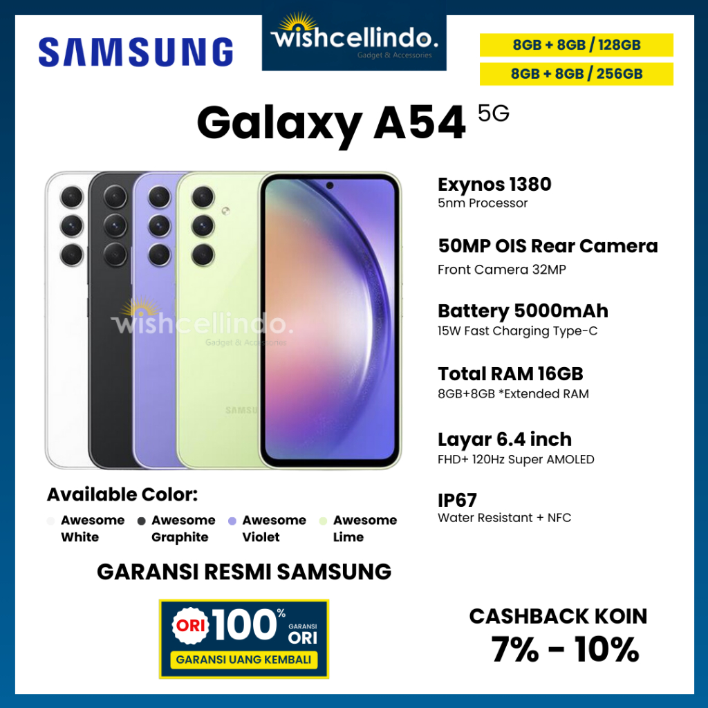 Samsung Galaxy A54 5G 8/256GB, A54 5G 8/128GB (Garansi Resmi Samsung 1 Tahun)