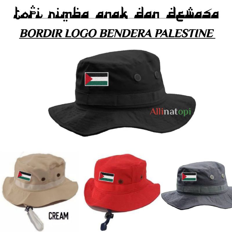 Topi Rimba Edisi logo Bendera Palestina /Topi Rimba Anak Dan Dewasa Bordir Bendera Palestina