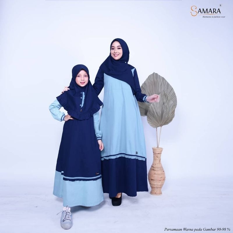 Samara Baju Couple Gamis Dewasa & Gamis Anak H04 Soft Blue/Biru Muda kombinasi Navy/Couple Gamis/Cou