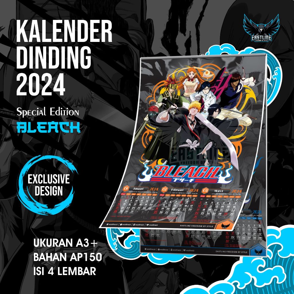 

Kalender Dinding Wall Calender Anime Bleach 2024 Isi 4 Lembar AP150 Ukuran A3