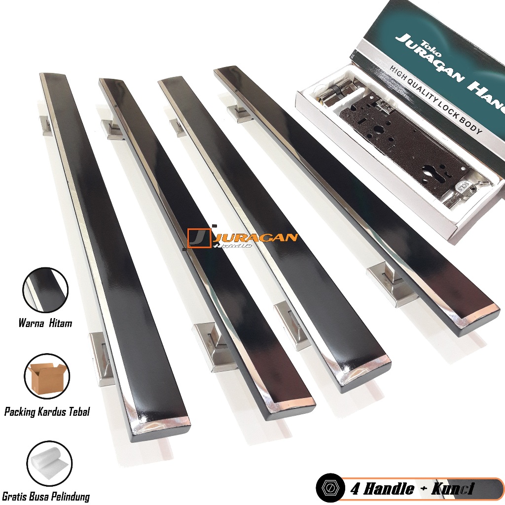 4 Gagang Handle Pintu Minimalis 60 cm Fulset Kunci dan Tarikan pintu Hitam Mewah