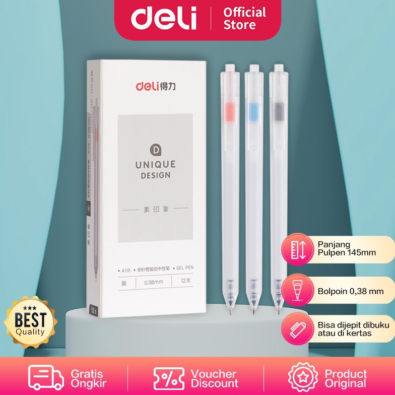 

[Miliki Sekarang] Deli Gel Pen / Pulpen Gel 0.38mm Tinta Hitam Isi 12 Retracable Desain Unik A115 WZF