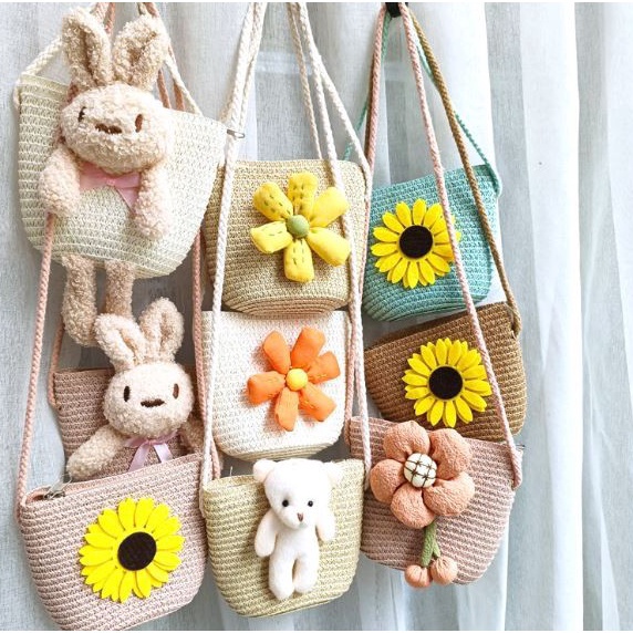 Stok terbatas.. Tas Rajut Anak Boneka / Petite Knit Bag / Tas Mini Jerami Anak / Tas Bahu Kecil Anak