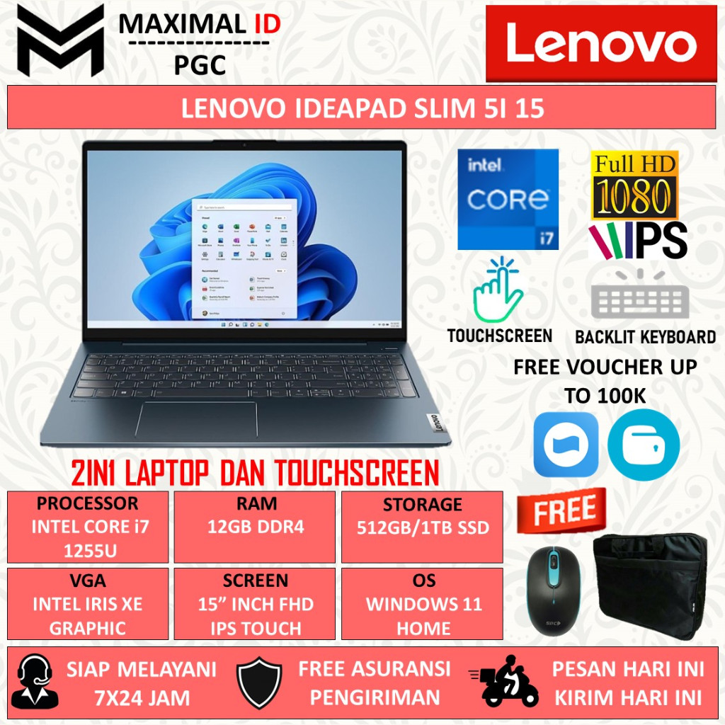 Laptop Lenovo Idepad Slim 5i Intel Core i7 1255U Ram 12GB 512GB SSD Full HD Touchscreen Windows 11 Home