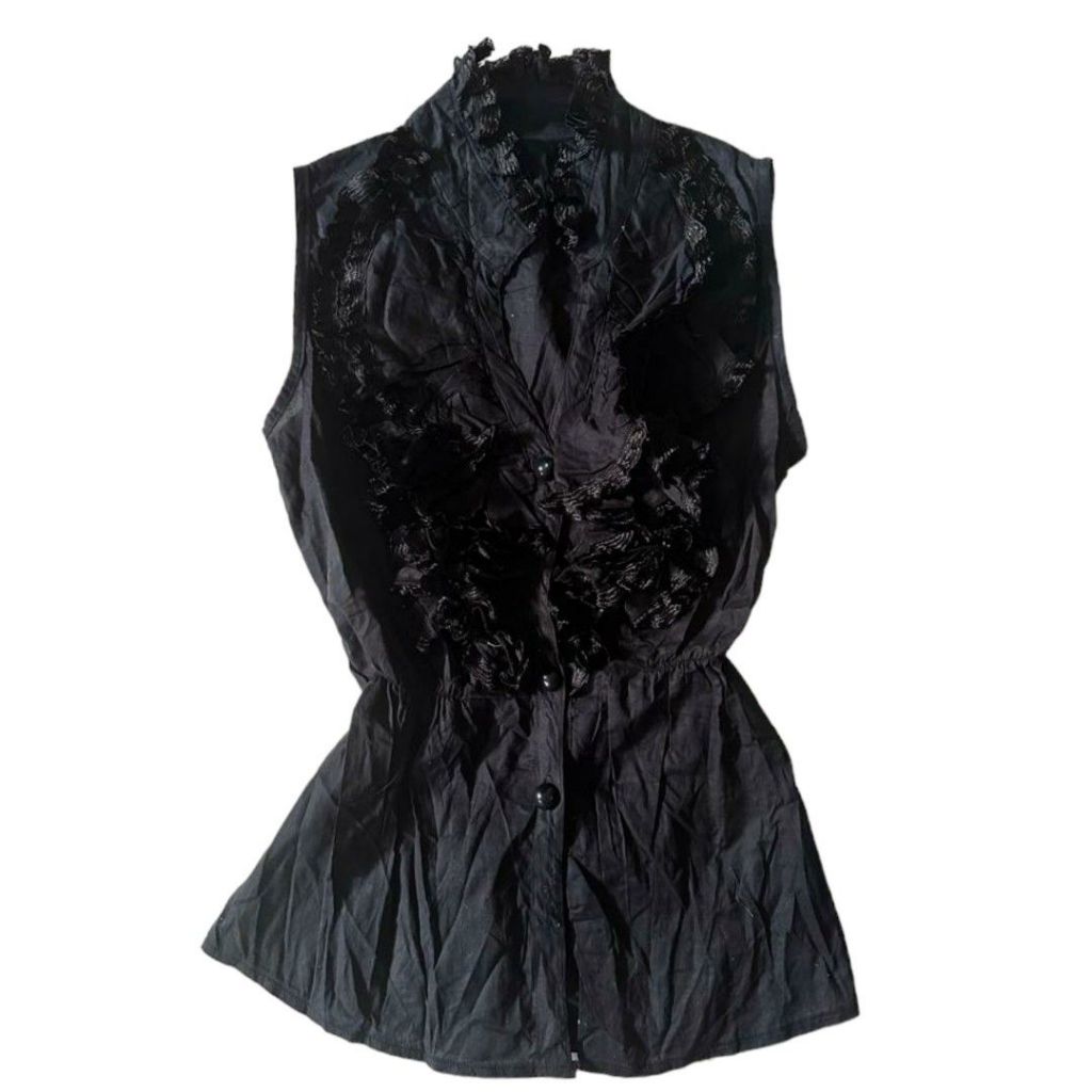 Gothic Ruffle Vampire Core Buttoned Up Sleeveless Top | Tank grunge layered mock high v neck lapis t