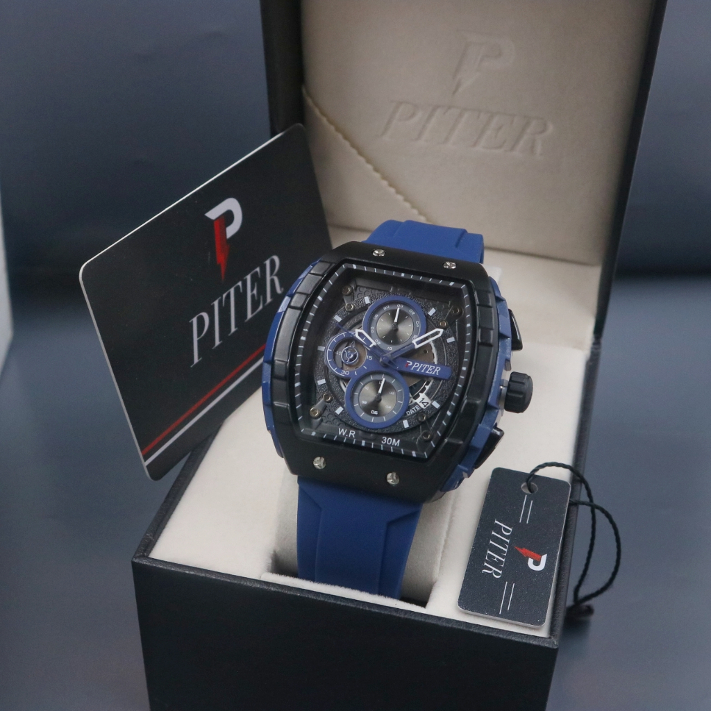 ( BISA COD ) JAM TANGAN PRIA PITER ORIGINAL CHRONO & TANGGAL AKTIF STRAP RUBBER FREE BOX