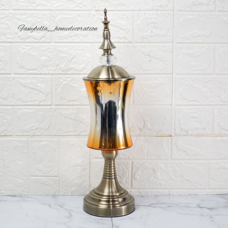 Pajangan Meja Toples Kaca Set Mewah Sultan Emas Kuning Metal Gold Lebaran Dekorasi Rumah