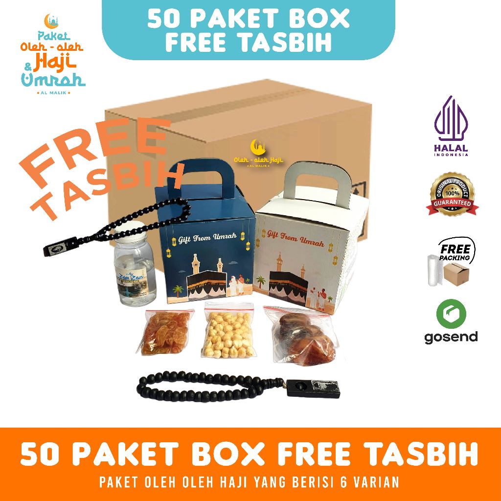 

Paket Oleh Oleh Haji dan Umroh Dus Box FREE TASBIH KAYU per 50 pcs