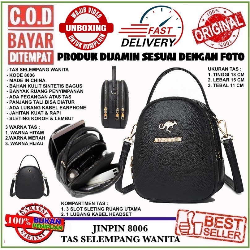JINPIN 8006 TAS SELEMPANG WANITA 3 RUANG BESAR MUAT HP BAHAN SINTETIS KILAT TALI PANJANG