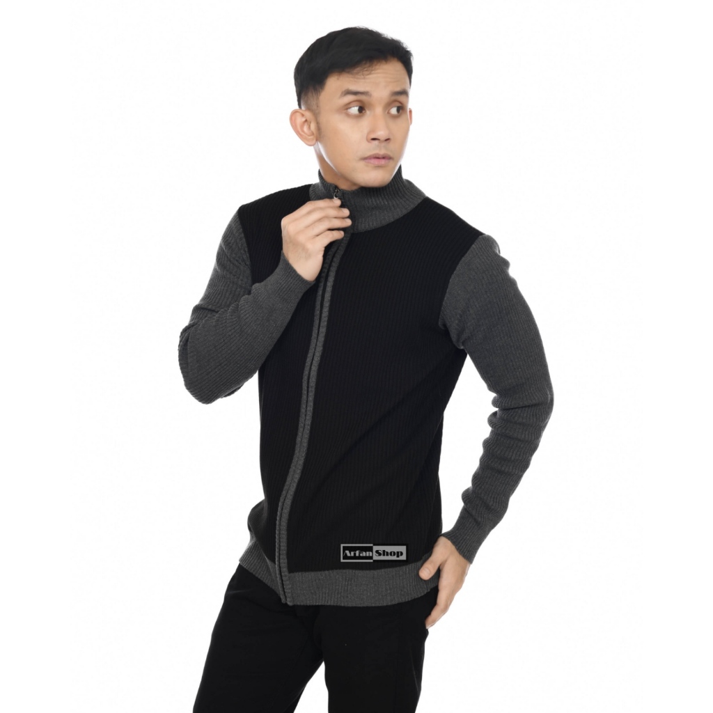 Jaket Rajut Resleting Turtleneck | Sweater Rajut Zipper Kerah Tinggi Pria Tebal | Switer Knit Cowok