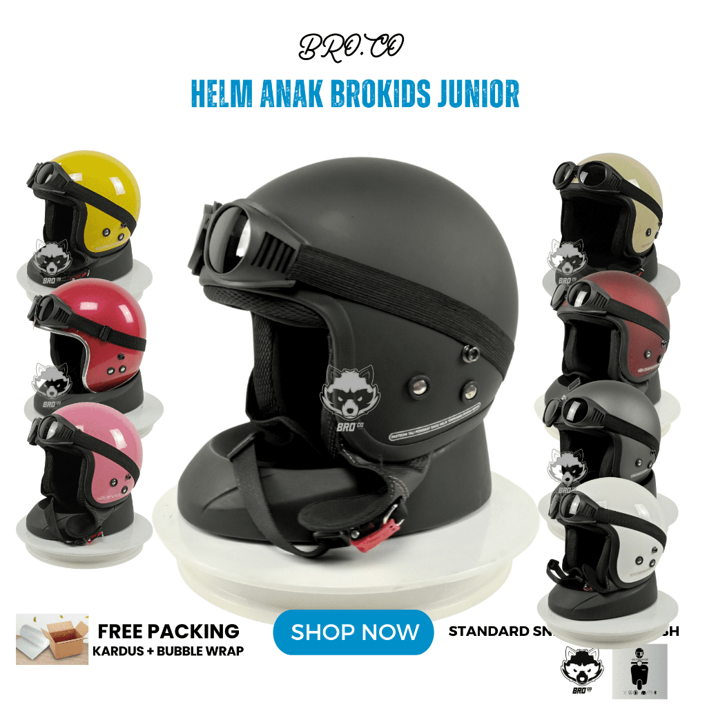 HELM ANAK HALF FACE RETRO BOGO KLASIK KACAMATA GOGGLE CHIP STANDARD SNI PREMIUM BROKIDS BRO.CO MODEL