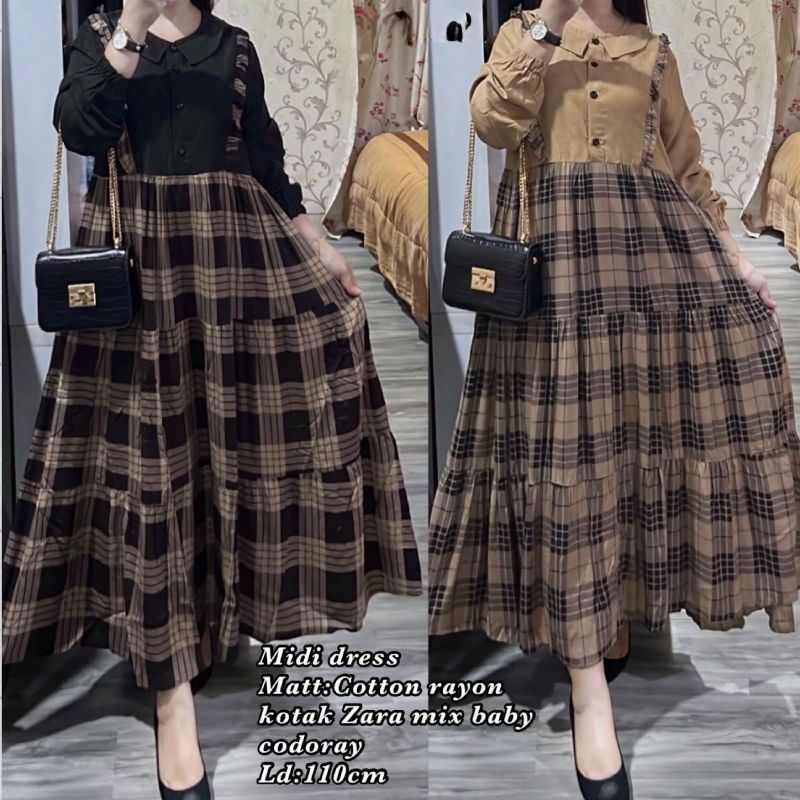 MIDI DRESS KOTAK ZARA IMPORT(COKLAT)/MIDI DRESS WANITA/MIDI DRESS KEKINIAN/MIDI DRESS UNTUK ACARA