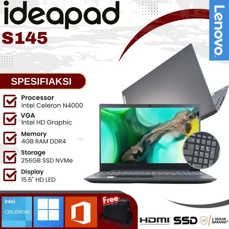 LAPTOP LENOVO IDEAPAD S145 INTEL N4020 RAM 4GB 256GB SSD LAYAR 15.6" HD - LAPTOP BARU