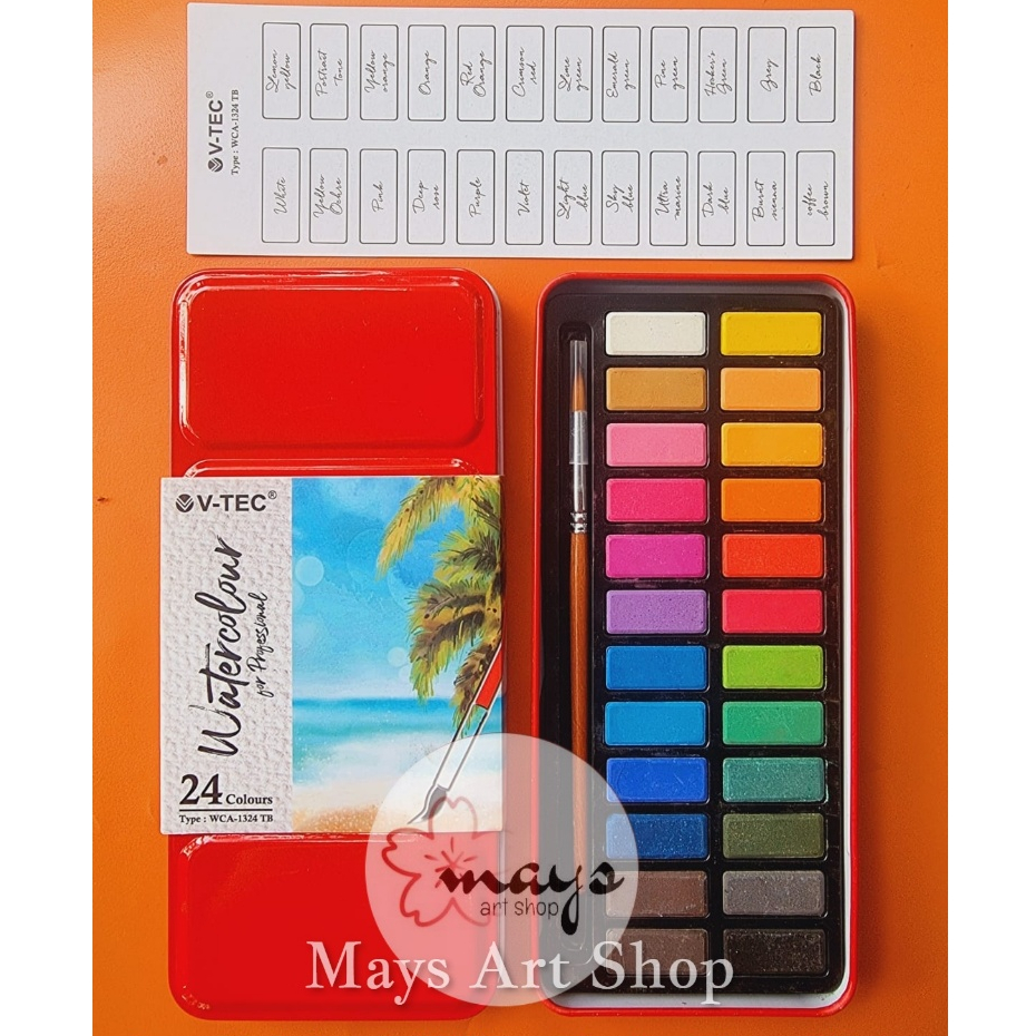 

[NEW WCA] Cat Solid Watercolor Paint 24 Warna V-Tec Aquarelle - Cat Air Padat Set + Kuas Isi 24 Warna - Cat Air Set Water Color Kuas - Cat Lukis Watercolour Colour Colors